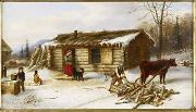 Cornelius Krieghoff Chopping Logs Outside a Snow Covered Log Cabin oil painting on canvas
